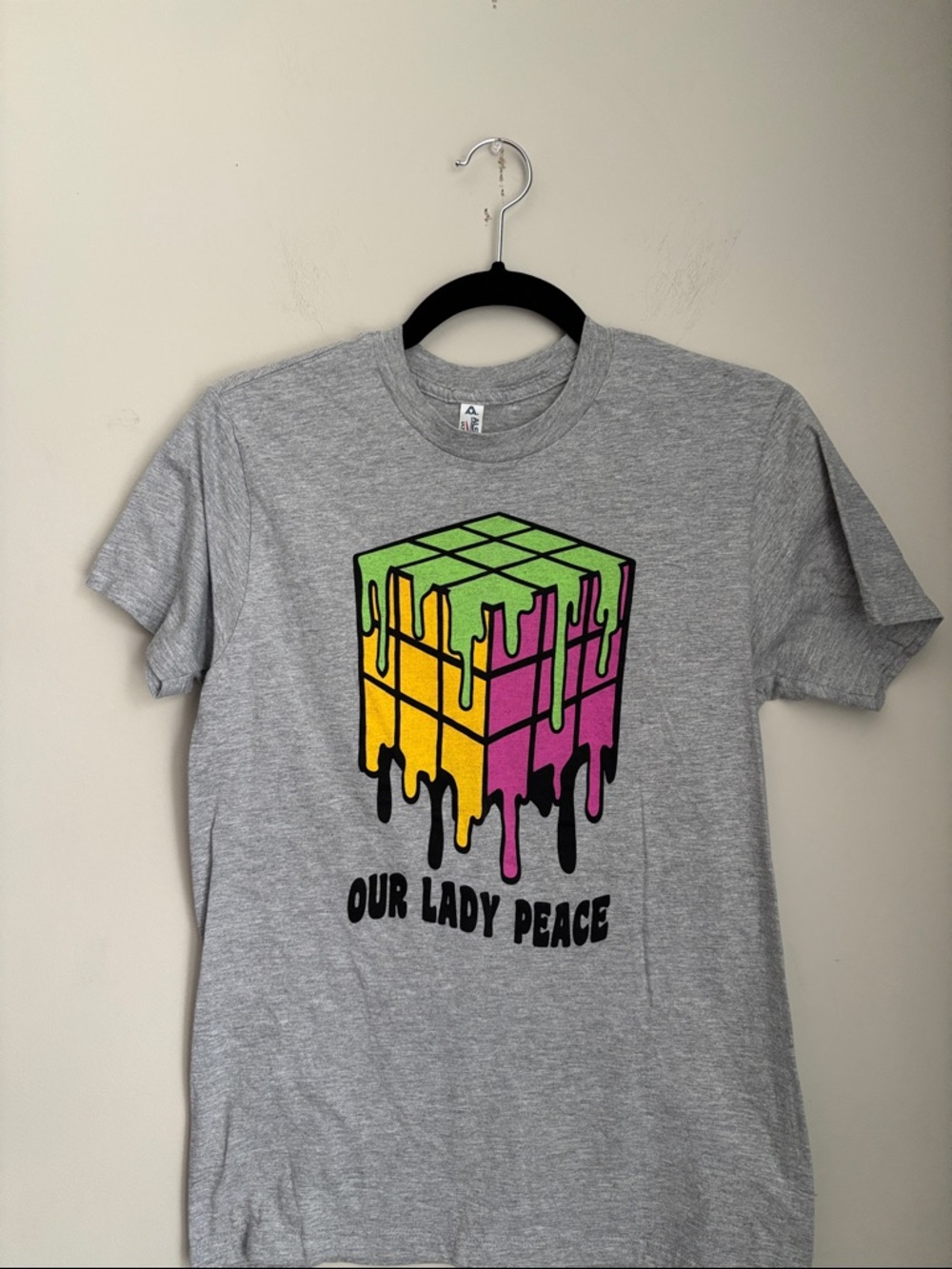 Our Lady Peace Grey Short Sleeve Tee with Colorful Dripping Cube Graphic